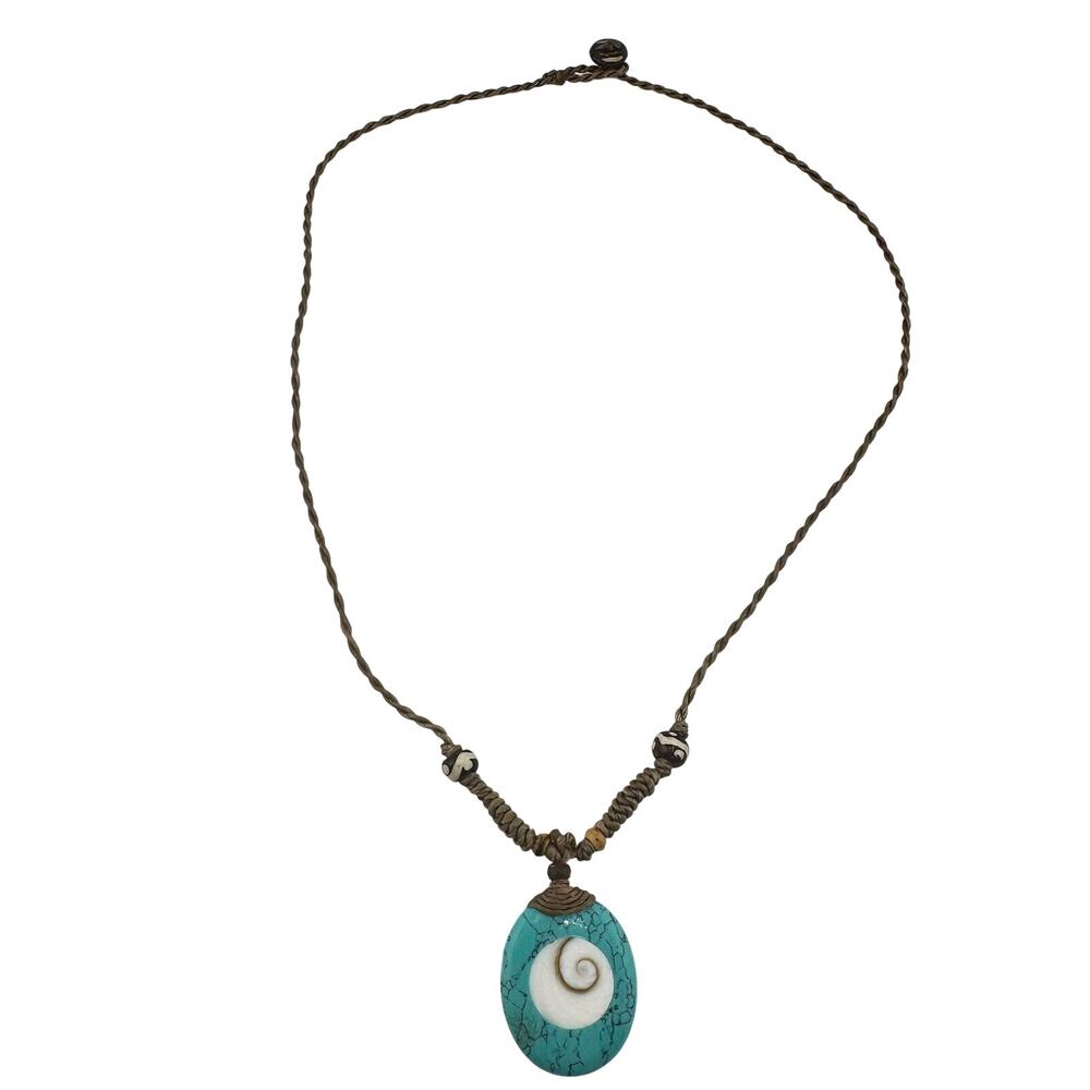 Surfercore Spiral Shell Faux Turquoise Brown Fiber Cord Bead Pendant Necklace